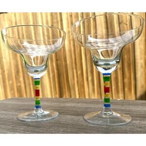 Whimsical Clear Glass Margarita Glasses Rainbow Hand Painted Stem-Set of 2